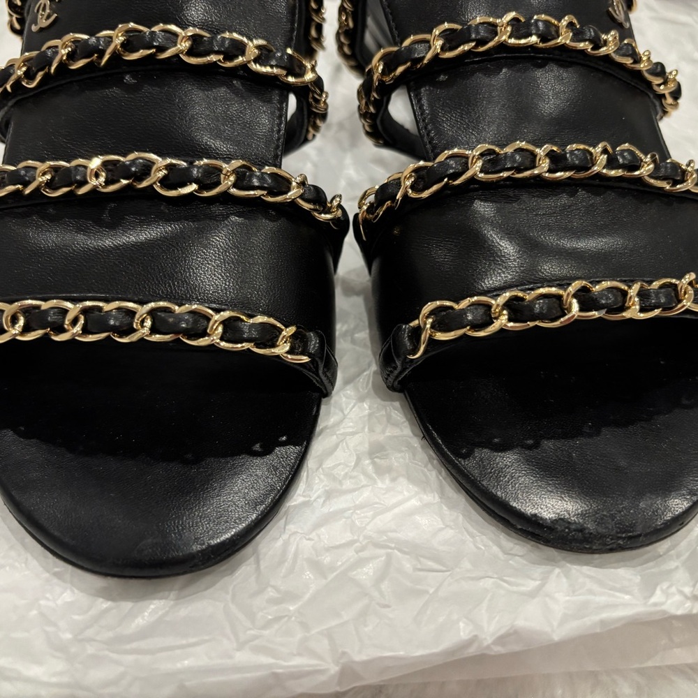 Chanel Black Leather Sandals with Gold Chains-Size 37C - Picture 11 of 12